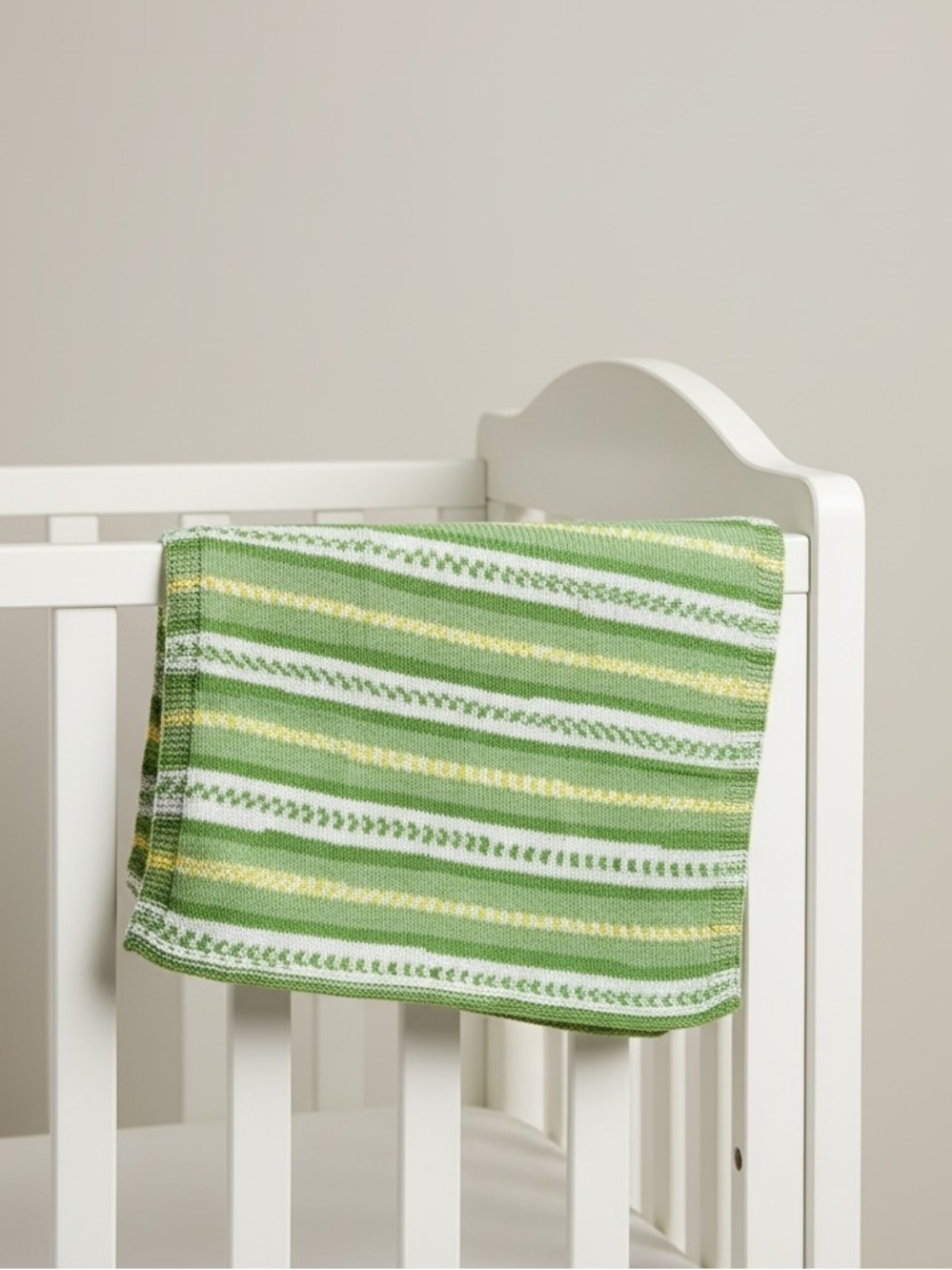 Hand Knit Striped Baby Blanket - Green White Yellow - 29” x 32”